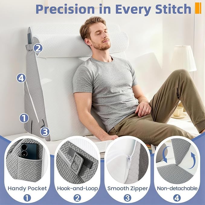 Sasttie Extra Wide Wedge Pillow Set for After Surgery, Dark Grey & White | Bed Wedge Pillow Headboard with Memory Foam Neck Cushion, for Acid Reflux, Sleeping, Neck & Back Support