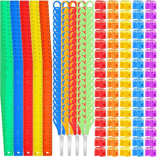 AmazingSpark 240 Pcs Back to School Supplies Kit Include 80 Clear Plastic Ruler 12 Inch 80 Safety Blunt Tip Student Scissors 80 Miniature Pencil Sharpeners with Cover for Classroom School Office