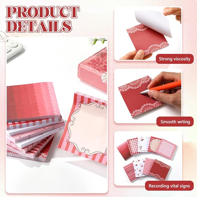 9 Pcs Aesthetic Sticky Notes Cute Pastel Self Stick Notepads Easy to Post Desk Supplies for Home Office Decor School Accessories Women Birthday Coworker Gifts(Red)