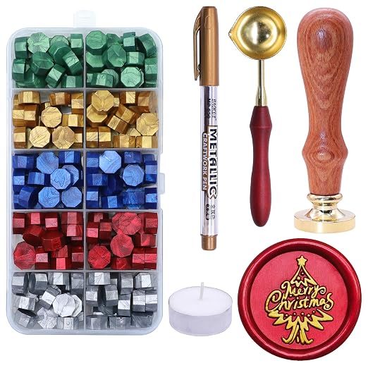 SWANGSA Merry Christmas Tree Wax Seal Stamp Kit with 200pcs Sealing Wax Beads, Great for Embellishment of Christmas Cards, Invitations, Wine Packages, Gift Wraps