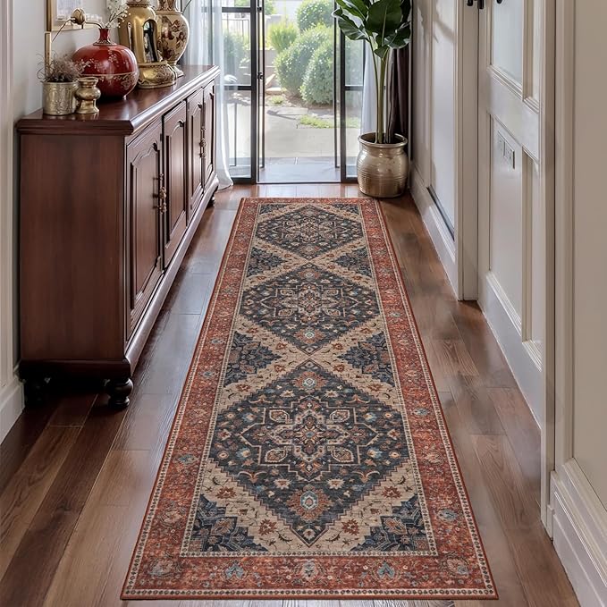 Tangsoo 2.6x8 Washable Runner Rug for Hallways, Non Slip Vintage Runner Rug, Soft Low Pile Long Rug Runner, Print Carpet Runners for Kitchen Bedroom Entryway Bathroom Living Room Dark Blue/Orange
