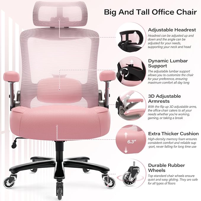 Big and Tall Office Chair 600lbs with 3D Flip Arms, Heavy Duty Large Executive Computer Desk Chair Ergonomic Mesh High Back Plus Size Chair for Adults