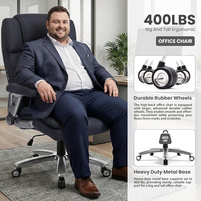 400lbs Big and Tall Executive Chair, Heavy Duty High Back Home Desk Chair | Ergonomic Office Chairs with 3D Kneading Massage, 3D Armrests, 5 Quiet Dual Rubber Wheel, Thick Pocket Spring Cushion
