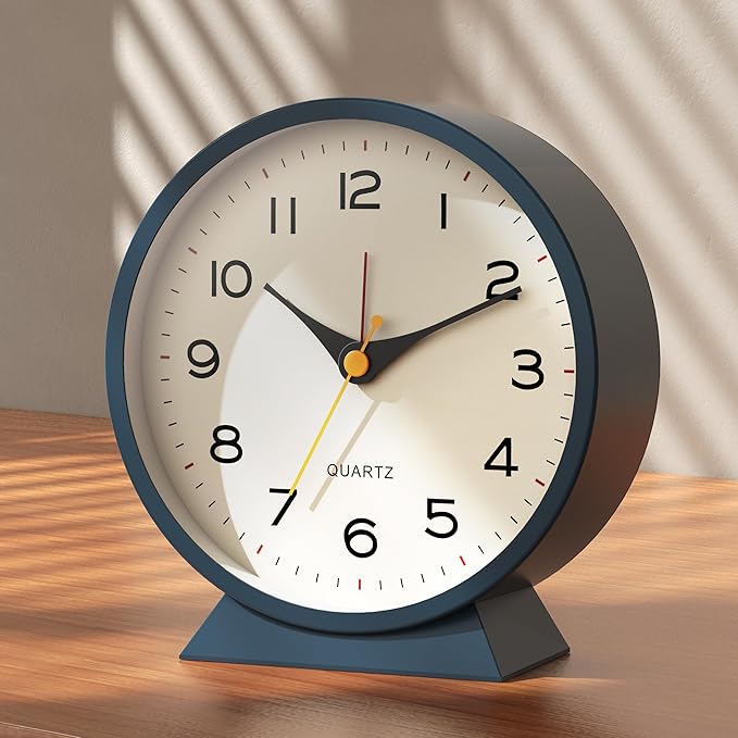 AYRELY® 4.5" Analog Alarm Clock, Small Retro Desk Clock and Table Clock | Battery Operated, Silent Metal Table Clock with Light for Living Room Decor, Bedroom, Bedside and Shelf (Blue)