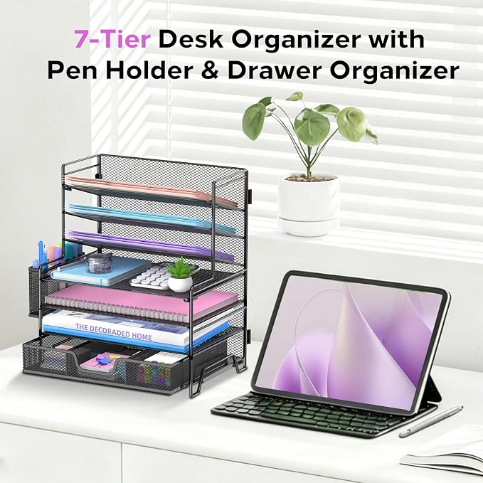 7-Tier Desk Organizer with Drawer and Pen Holder, Metal Letter Tray, Black | Metal Mesh File Organizer with Drawer for Paper, Notes and Office Supplies at Home, School or In the Classroom