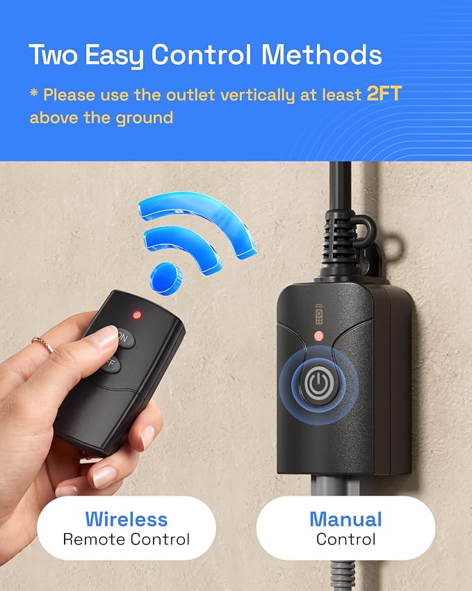 HBN Outdoor Indoor Wireless Remote Control 3-Prong Outlet Weatherproof Heavy Duty 15 A Compact 1 Remote 1 Outlet with Remote 6-inch Cord 100ft Range ETL Listed (Battery Included)