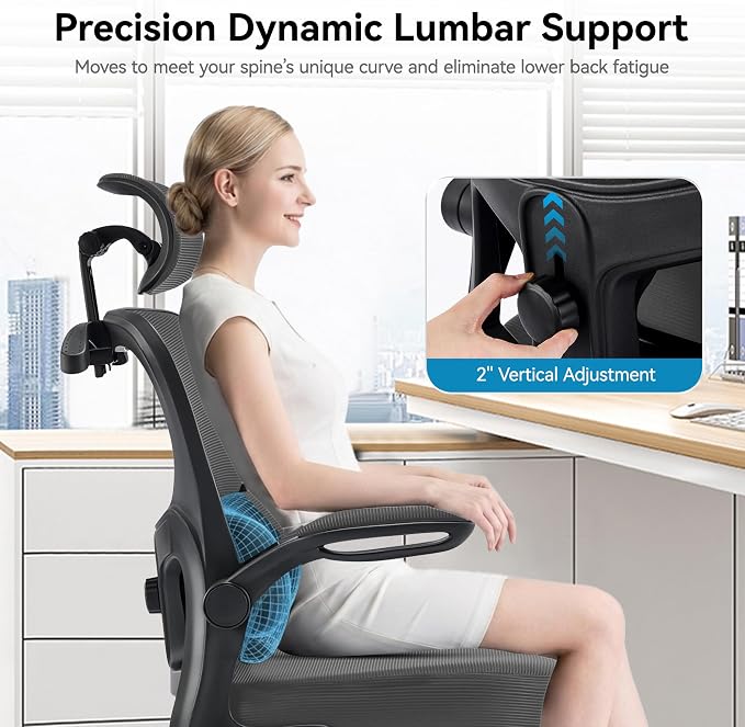 AreShark Office Chair Ergonomic Desk Chairs with Adjustable Lumbar Support& Headrest Hanger, High Back Breathable Mesh Chair with Wheels, Rolling Swivel Comfy Task Computer Chair for Home Work Gaming