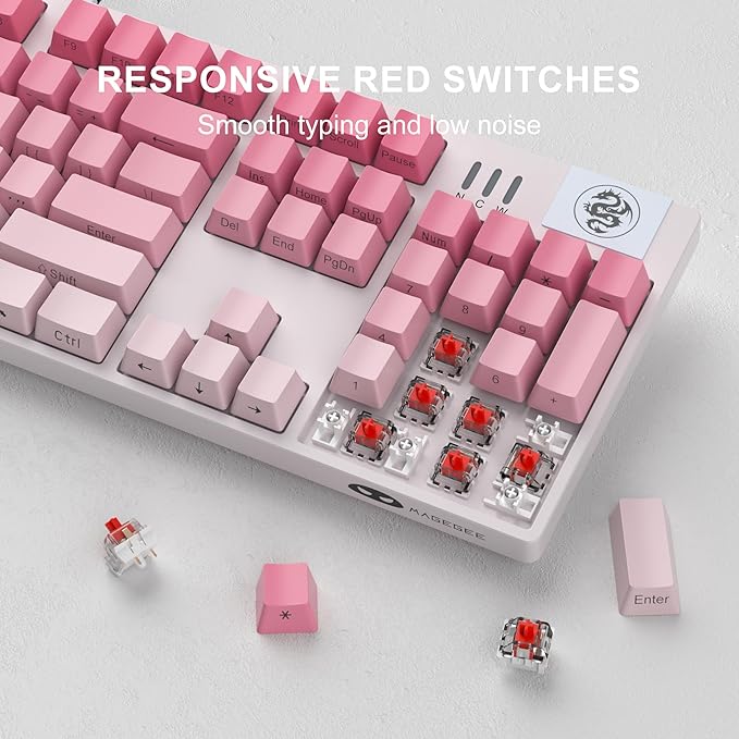 MageGee MK-Storm Mechanical Gaming Keyboard, 104 Keys Wired Light Up Keyboard with Linear Red Switch, RGB Backlit, Side Printed Keycaps, N-Key Rollover for Laptop, Desktop, PC (Gradient Pink)