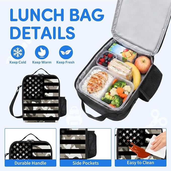 3PCS Camouflage flag Backpack for Boys Girls Teens, School Backpack with Lunch Box Pencil Case for Elementary Middle High Students, 17 Inch Lightweight Bookpack 3 in 1 Set Back to Shool for Kids