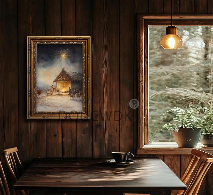 Vintage Nativity Scene Gold Framed Wall Art Birth of Jesus Christmas Christian Painting Canvas Prints Mary Joseph Holy Family Picture Star of Bethlehem Poster Artwork for Church Prayer Room, 9x11in