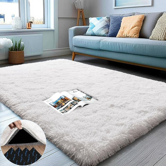 3x5 Area Rug for Bedroom, White Rugs for Living Room Nursery Kids Room Dorm Home Decor Aesthetic, Fluffy Shaggy Rug with 4 Anti-Slip Carpet Tapes