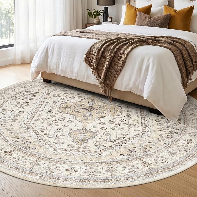 Puino 8FT Round Area Rug: Washable Oriental Circle Rugs Low Pile Soft Carpet with Non Slip Backing for Living Room Vintage Indoor Rug for Bedroom Kitchen Nursery Dining Room Home Office Beige/Gray