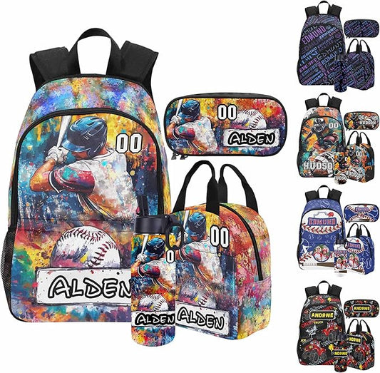 Personalized Baseball Backpack with Name Back to School Supplies Bookbag for Kids Boys Custom Football Basketball Player Schoolbag and Water Bottle Cup&Pencil Pouch School Backpacks with Lunch Box Set