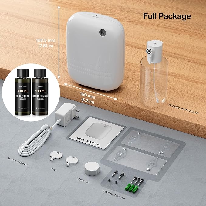 Airversa Smart Waterless Essential Oil Diffuser (400 mL Capacity) Starter Kit with 200mL Fragrance Scent Oils, Up to 2000 sq ft App Control Scent Air Machine with 12V1A Power Adapter, ANW Kit White