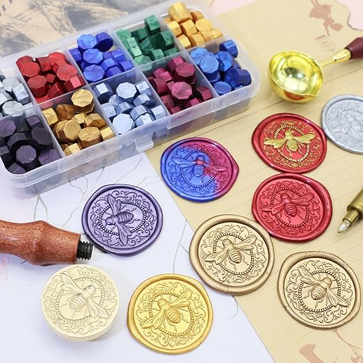 SWANGSA 3D Bee Wax Seal Stamp Kit with 200pcs Sealing Wax Beads for Weeding Invitations, Christmas, Wine Packages, Gift Ideas