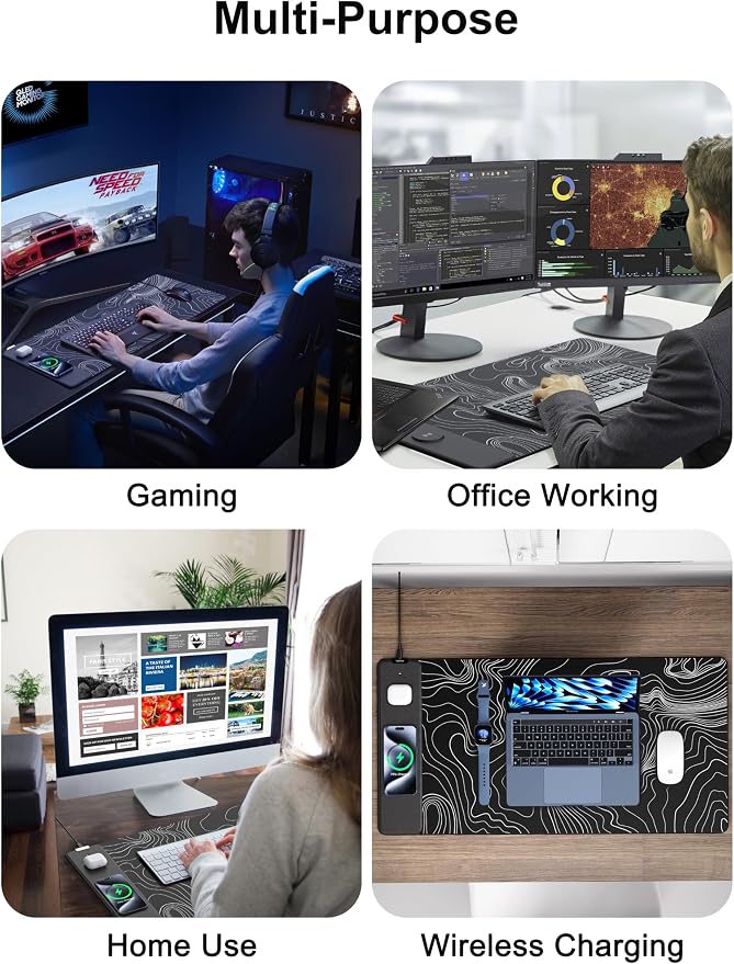 TopMade Mouse Pad with 15W Fast Wireless Charging, 31.5"x15.75" XXL Large Gaming Waterproof Desk Pad, Computer Desk Mat, Black Topographic Map #2 (Includes 20W PD Power Adapter & 6.56ft Woven Cable)