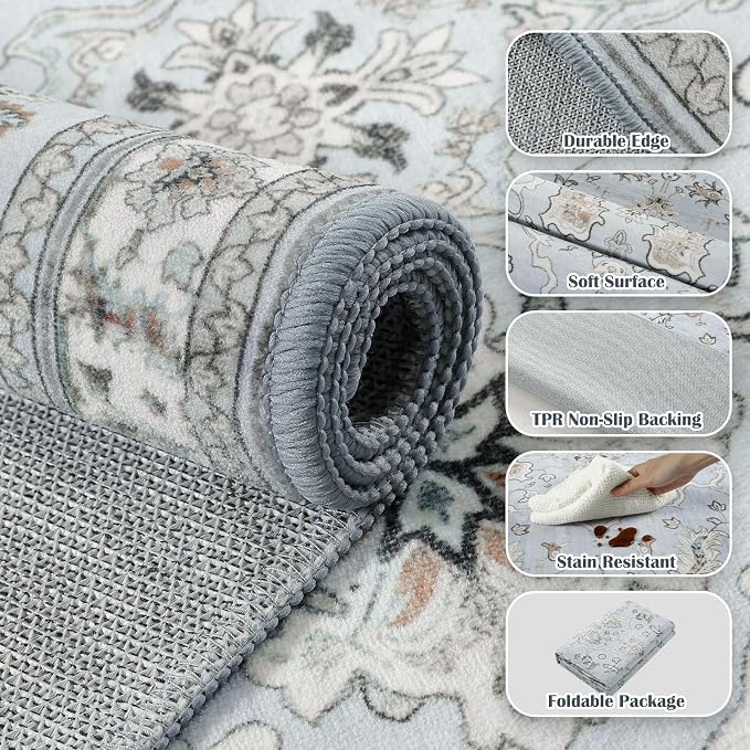 Light Blue Washable Boho Area Rug for Bedroom, 3x5 Vintage Floral Non Slip Living Room Rugs, Wool Low Pile Indoor Mat, Aesthetic Pattern Carpet for Kids Room, Kitchen and Bedside