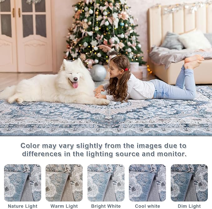 Macgace 6x9 Area Rug for Bedroom, Machine Washable Rugs with Non-Slip Backing for Living Room, Large Vintage Carpet Kitchen Laundry Kids Room Decor, Blue & Beige