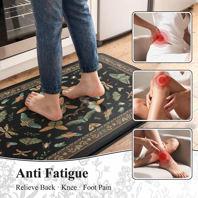 KIMODE Kitchen Mats for Floor 2 Piece Cushioned Anti Fatigue Kitchen Rugs | 17 x29+17"x47", Black,Vintage Butterfly,Non Slip Waterproof,Memory Foam,Standing Mats,for Laundry Sink Office Home Decor