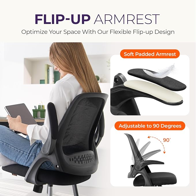 NEO CHAIR Office Desk Chair Computer Gaming Ergonomic Lumbar Back Support with Flip-up Padded Armrest Adjustable Height and Wheels for Home Vanity Bedroom Study (All Black)