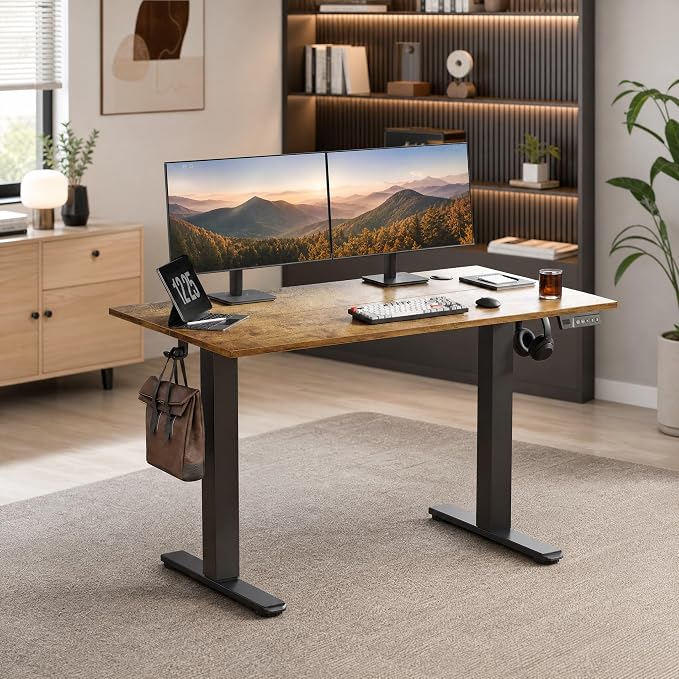 Claiks 48 x 24 Inch Rustic Brown Electric Standing Desk | Adjustable Height, Sit Stand, 3 Memory Presets, Cable Management, Spacious Ergonomic, Home Office & Bedroom