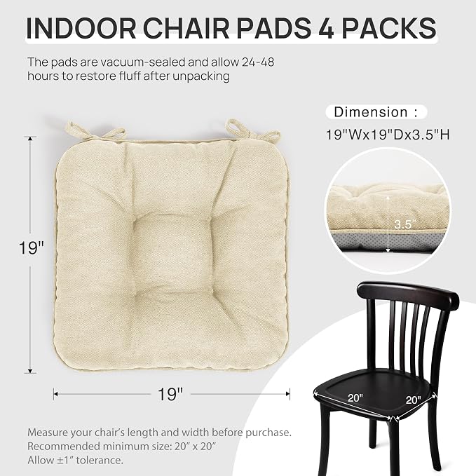 Love's cabin Memory Foam Chair Cushions Set of 4, 19"x19"x3.5" Indoor & Outdoor Seat Pads for Dining, Kitchen, Office, Patio Chairs - Beige