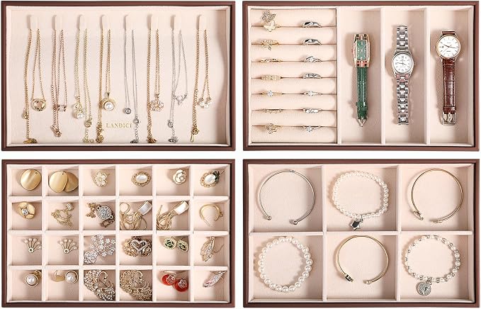 LANDICI Stackable Jewelry Organizer Trays 4 Set,PU Leather Jewelry Organizer Drawer,Jewelry Storage Display Tray for Earring Necklace Rings Bracelet with Removable Dividers,Coffee