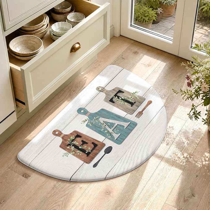 KIMODE Half Circle Anti Fatigue Mats for Cushioned Kitchen Mats for Floor | 18"x28",Blue,Country Vintage,Non Slip,Kitchen Mats Waterproof,Memory Foam,Comfort, Half Round Small Standing Mat Decor