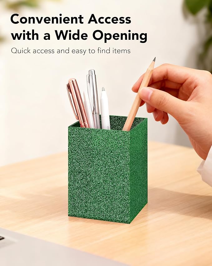 Acrylic Pen Holder Desk Organizer for Office, Green Glitter | Sparkling glitter acrylic makeup brush and pencil holder for desk, Modern desktop organizer for home, school and office