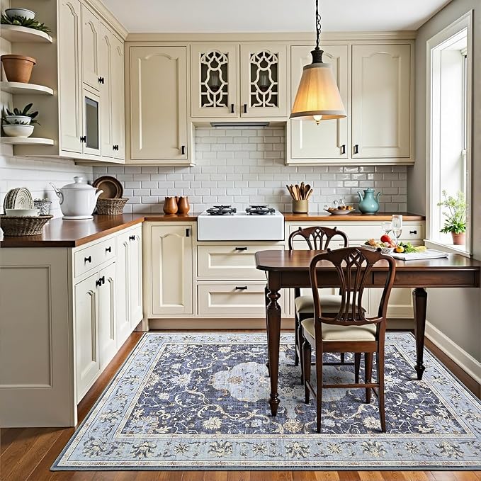 4x6 Washable Area Rug, Living Room Rug, Navy Blue Vintage Non-Slip Rug, Low Pile Floral Indoor Rugs, Soft Distressed Print Pattern Carpet for Living Room, Bedroom, Kitchen, Dining Room and Office