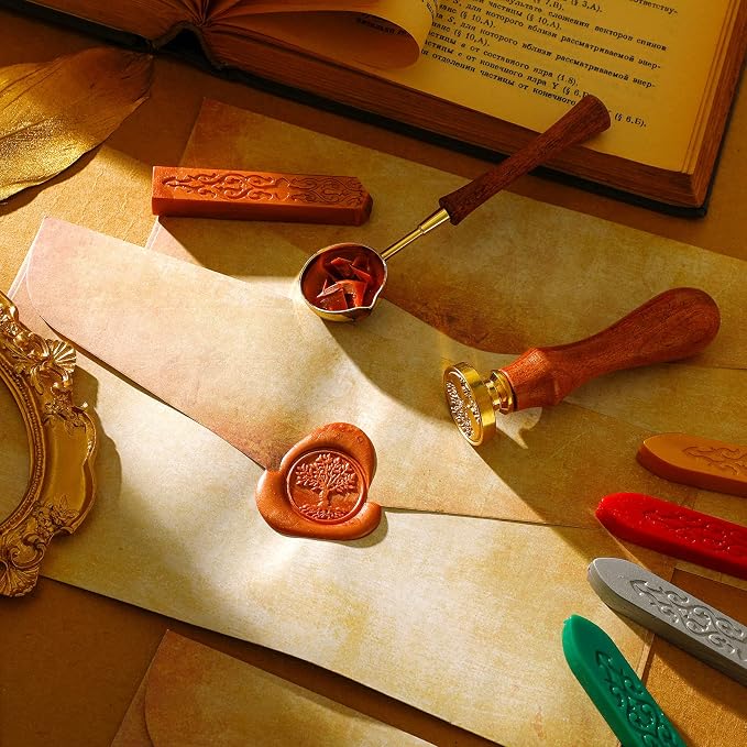 33 Pieces Vintage Paper and Envelopes Set, Including 12 Writing Stationery Paper Letter 12 Envelopes Sealing 6 Wax Sticks Seal Stamp Tea Candles and Wax Spoon for Stamp