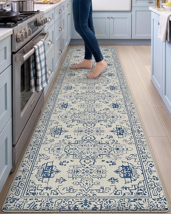DEXI Kitchen Mats for Floor Cushioned, 23x107 Extra Large Wide Runner Rug Non Slip, Waterproof Soft Comfort Standing Padded Anti Fatigue Decorative, Blue and White