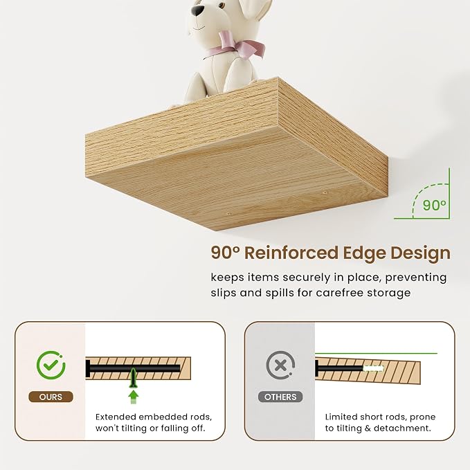 Marsmiles Square Floating Shelves for Wall, 10" W x 10" D x 1.25" H, 3 Packs Small Wall Mounted Engineered Wood Shelves with Invisible Brackets for Living Room, Bedroom, Bathroom, Kitchen Decor, Oak