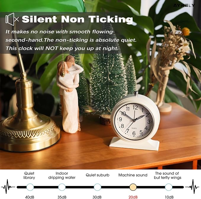 AYRELY® 5.5" Vintage Metal Alarm Clock, Desk and Table Clock for Shelf | Battery Operated Silent Analog Clock with Light for Living Room,Mantel, Bedside and Home Decor (White)