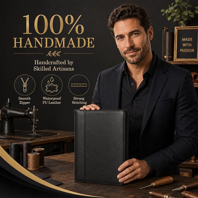 Darolin Vegan Leather Padfolio Portfolio with Zipper, Clipboard -Black | Professional Padfolio for Men Women, Business Resume Folder with Clipboard, Portfolio Bag, Padfolio Organizer for Work Travel