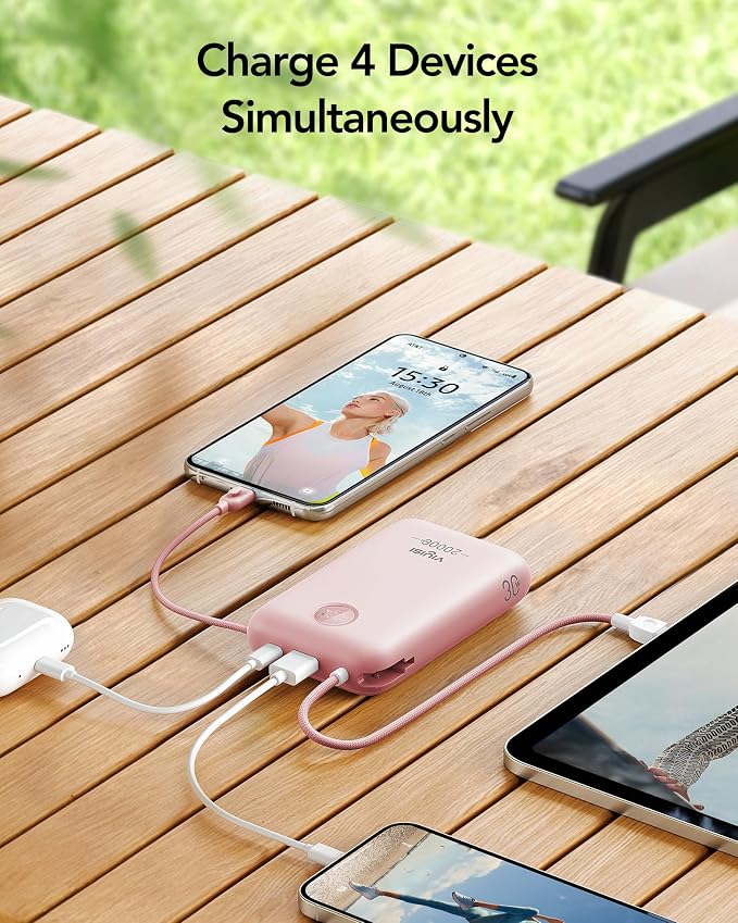 VIYISI Power Bank 20000mAh 30W Fast Charging Portable Charger with Built-in Cables & LED Display, USB C Battery Pack for iPhone 17/16/15/14, Samsung, iPad and Android Phones, Ideal for Travel-Pink