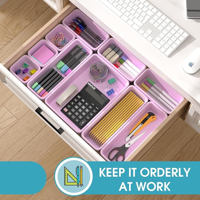 33 PCS Drawer Organizer Set, 4 Size Makeup Drawer Divider Organizer With Non-Slip Pads, Interlocking Plastic Storage Bins for Office,Jewelry Vanity,Gadgets, Bathroom,Kitchen, Purple