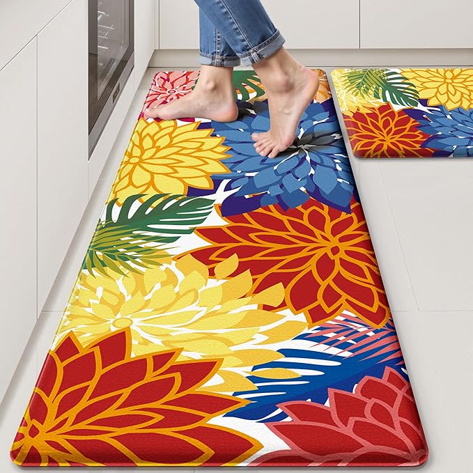 Arenarug Kitchen Mats for Floor 2PCS Cushioned Anti Fatigue Kitchen Mats Waterproof Non Slip Kitchen Mat Rug Set Comfort Foam Standing Mat for Sink, Laundry, Office,17.3" x 28" + 17.3" x 59", Colorful