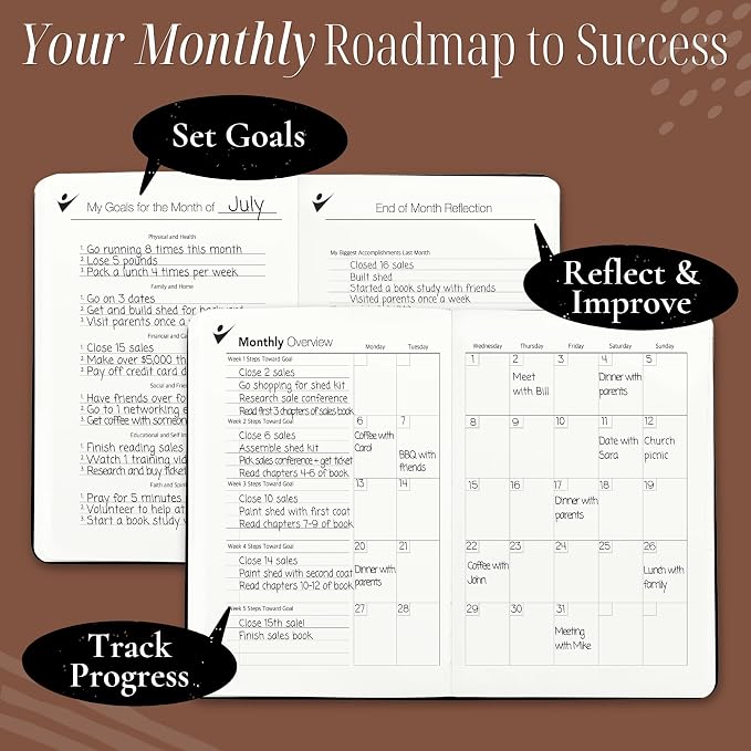 Goal Crazy Undated Daily Planner to Achieve Your Goals - 90 Day Guided Journal & Productivity Organizer with Goal Setting, Habit Tracker, To Do List, Academic & Work Calendar, Leather Hardcover - Brown