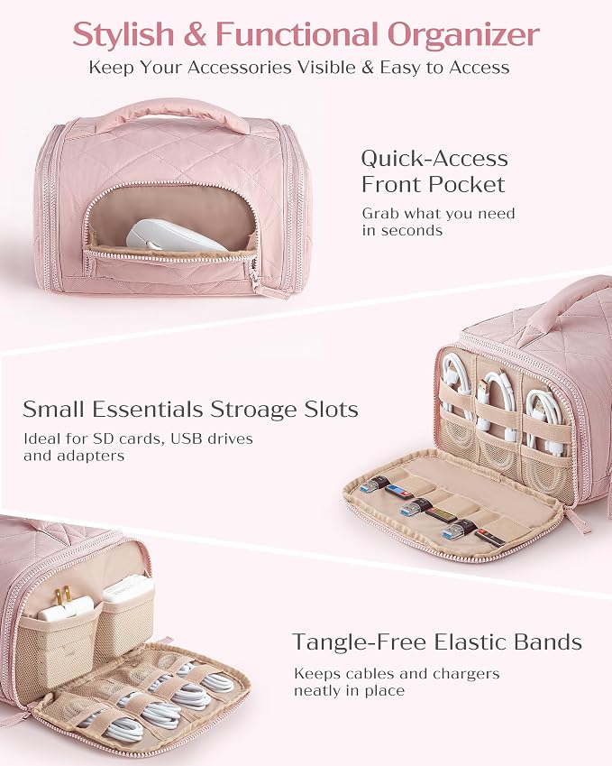 Marscamd Cable Organizer Bag, Travel Cord & Charger Organizer Pouch for Tech Accessories & Electronics, Home Storage, Pink