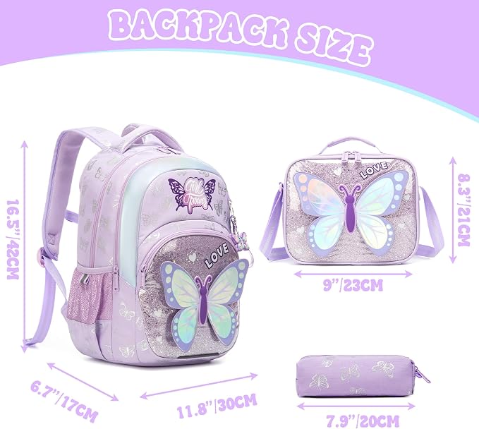 School Backpack for Girls,Kids Backpack with Lunch Box Set Cute Butterfly Kids Bookbag,Elementary Backpack for Girls,Lightweight Travel Daypack