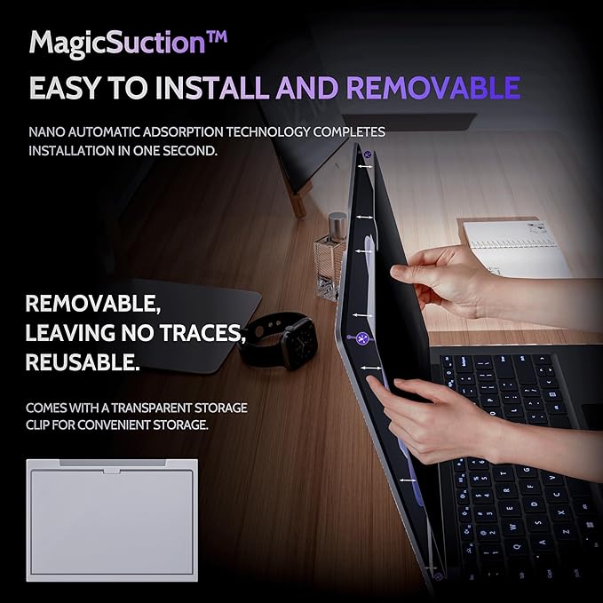 Privacy Screen for 13.8 Inch Surface Laptop 7, MagicSuction™ Removable Anti Spy Black Protector, Glare Blue Light Filter for Microsoft Laptop Computer Monitor
