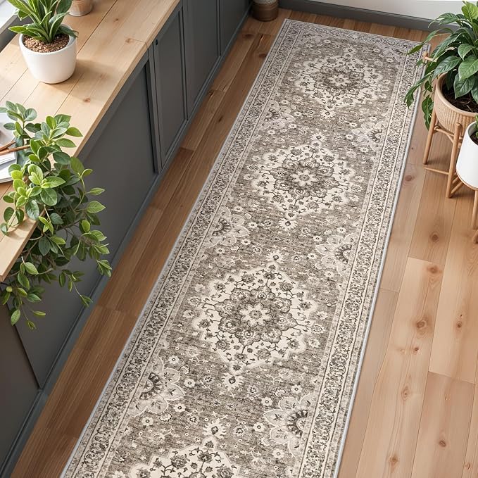 Washable Oriental Hallway Runner Rug - 3x14 Rugs for Living Room Soft Carpet for Bedroom Kitchen Waterproof Floral Distressed Indoor Stain Resistant Non-Shedding Floor Carpets (Beige, 3X14)