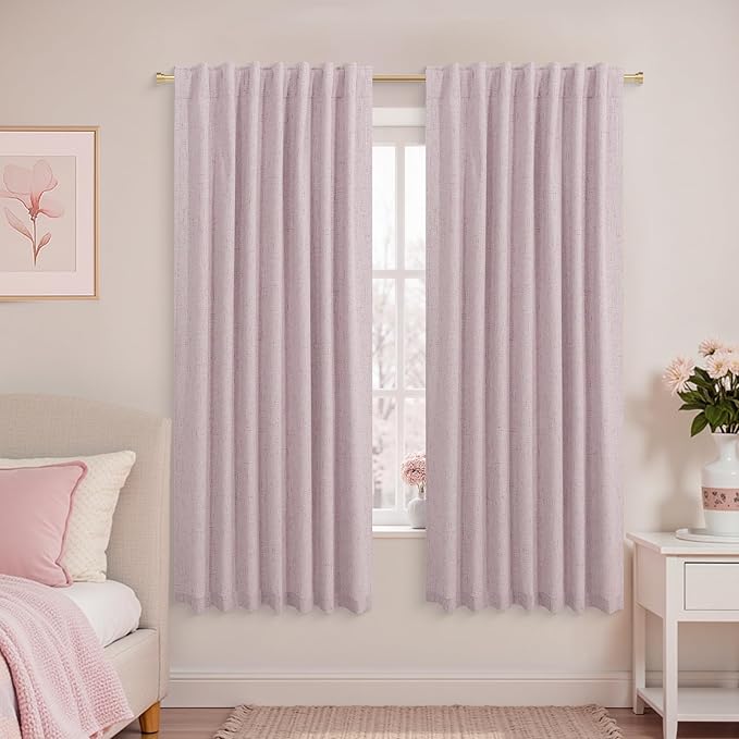 KOUFALL Pink Curtains 63 Inch Long for Girls Room, Linen Blackout Room Darkening Girly Curtains for Bedroom, 2 Panel Set, Light Pink