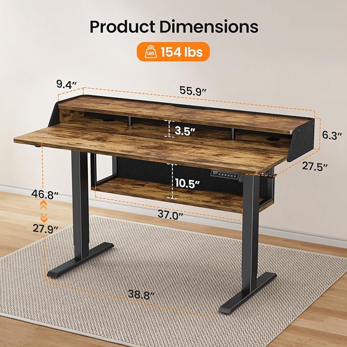 ErGear Electric Standing Desk, 55x28 Inch Adjustable Sit Stand Desk with Bookshelf & Monitor Stand, Standing Gaming Desk with LED Light Strip, Stand Up Desk for Home Office, Vintage Brown | Raised Monitor Stand, 27.9–46.9 Inch Height Range, 4 Memory Pr...