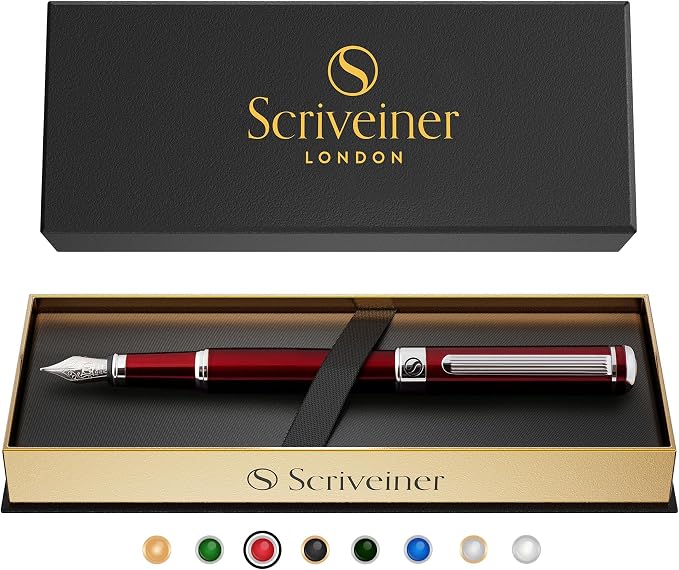 Scriveiner Deep Crimson Red Fountain Pen - Stunning Luxury Pen with Chrome Finish, Schmidt Nib (Medium), Best Pen Gift Set for Men & Women, Professional, Executive, Office, Nice Pens