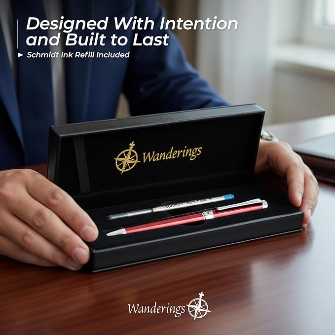 WANDERINGS Premium Ballpoint Pen with German Ink – Perfectly Balanced for a Superb Writing Experience, Chrome Accents – Winefire Red - Includes a Schmidt Refill in a Giftable Presentation Case