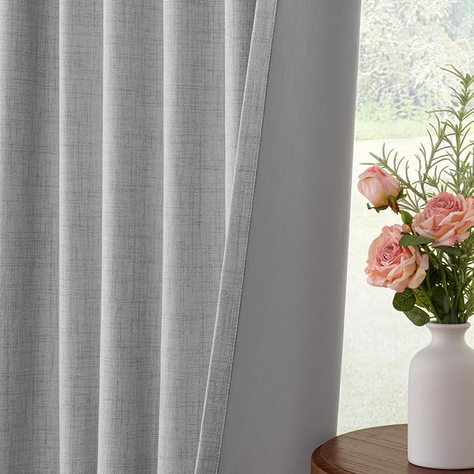 INOVADAY 100% Blackout Curtains for Bedroom, Grey Black Out Curtains 63 Inch Long, Clip Rings Linen Blackout Drapes, Thermal Insulated Room Darkening for Living Room, 2 Panels - W50xL63