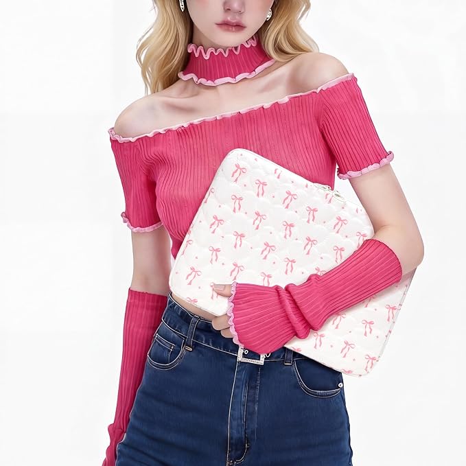 Cute Bow Puffy Laptop Sleeve 13-15 Inch Cute Quilted Laptop Protective Case Padded Bow Computer Sleeve for MacBook