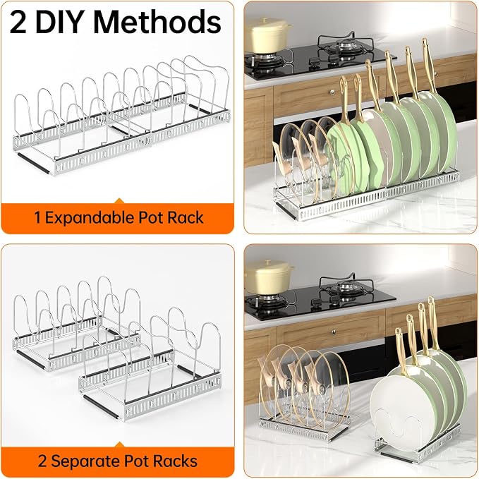 MUDEELA Expandable Pot Pan Lid Organizers inside Cabinet, 10 Divider-Silver | Expandable 11.8–22.9", 10 Adjustable Divider, Tool-Free Assembly, Non-Slip, Scratch-Proof, For Pan Lid Cutting Board Bakeware